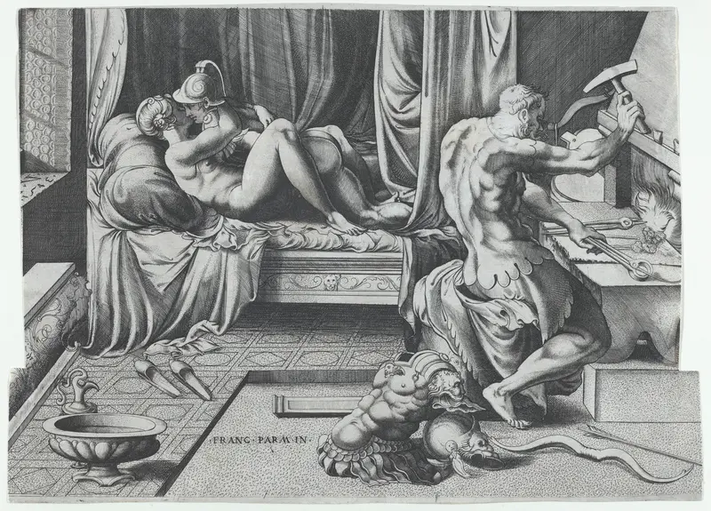 Venus and Mars Embracing as Vulcan Works at His Forge Wall Art by Enea Vico - High-Resolution Digital Print