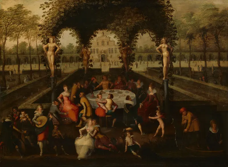 Venus, Bacchus en Ceres met stervelingen in een minnetuin Wall Art by Louis de Caullery - High-Resolution Digital Print