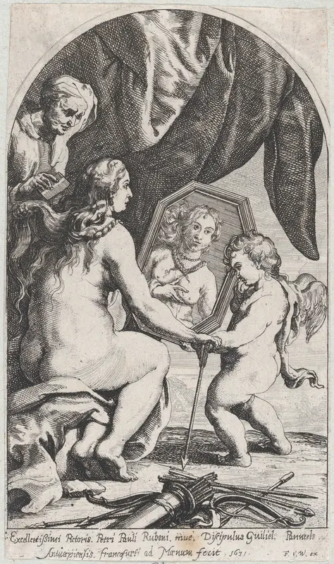 Venus before a mirror held by Cupid while her hair is combed by an old woman Wall Art by Willem Panneels - High-Resolution Digital Print