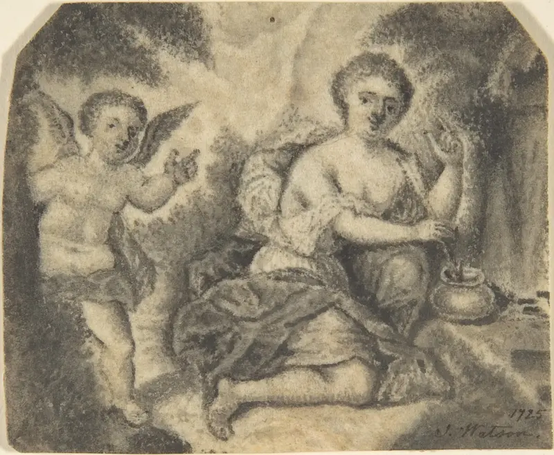 Venus Dipping an Arrow Into a Pot with Cupid to the Left Wall Art by S. Watson - High-Resolution Digital Print