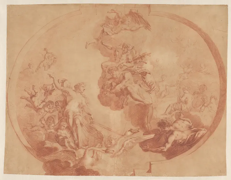 Venus in haar door zwanen getrokken wagen bezoekt Jupiter, daarboven Ganymedes en rechts Juno en Mars Wall Art by Mattheus Terwesten - High-Resolution Digital Print