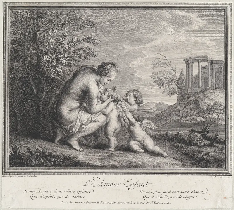 Venus nursing three Cupids in a landscape Wall Art by Louis Surugue - High-Resolution Digital Print