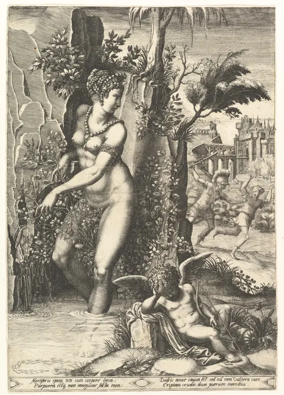 Venus pricked by the thorns on a rose bush, in the background Mars chasing Adonis, in the foreground winged cupid resting Wall Art by Giorgio Ghisi - High-Resolution Digital Print