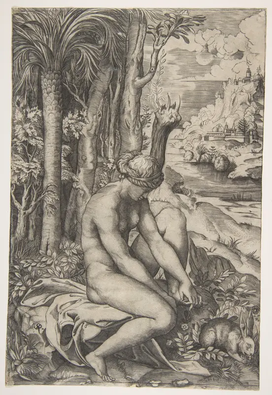 Venus removing a thorn from her left foot while seated beside trees and foliage, a hare eating grass before her