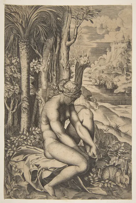 Venus removing a thorn from her left foot while seated on a cloth beside trees and foliage, a hare eating grass before her