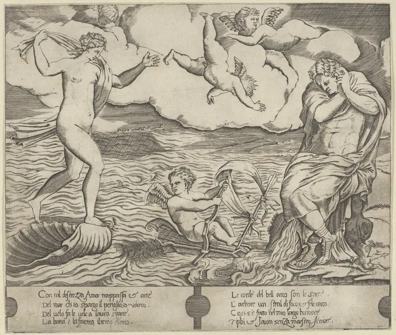 Venus riding a conch at left and cowering man (Jason) at right, Eros riding a makeshift boat holding a bow between them Wall Art by Anonymous, 16th century - High-Resolution Digital Print