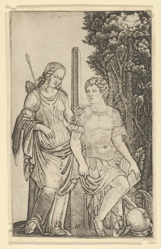 Venus standing at left resting her hand on the shoulder of Aeneas seated at right