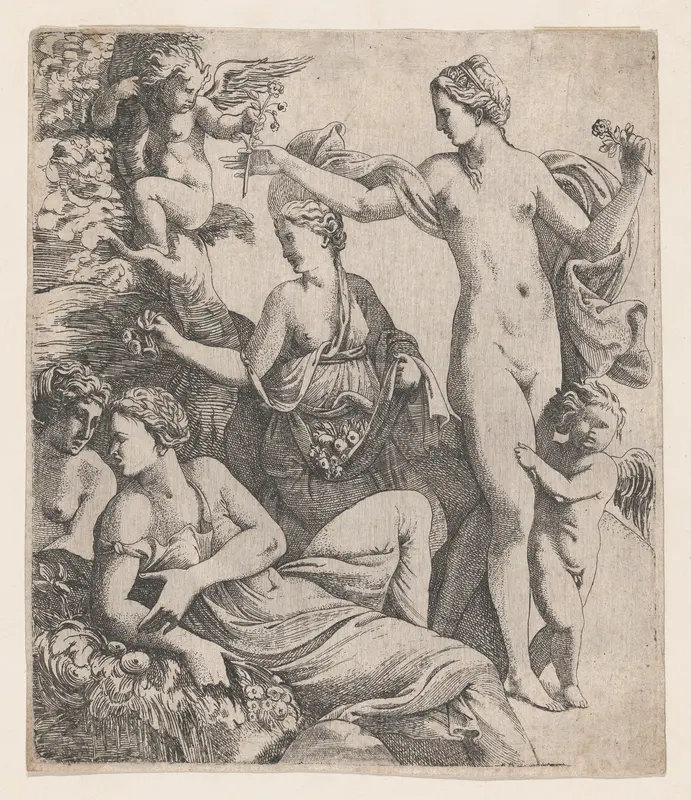 Venus, standing with the three Graces, is offered a flower from a putto Wall Art by Pierre Biard II - High-Resolution Digital Print