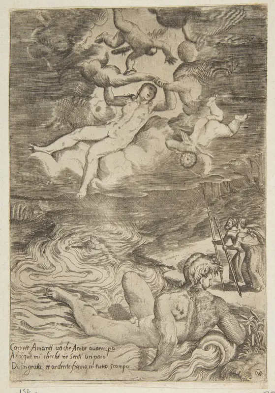 Venus tumbling with putti in the clouds, from "The Loves of the Gods" Wall Art by Giulio Bonasone - High-Resolution Digital Print