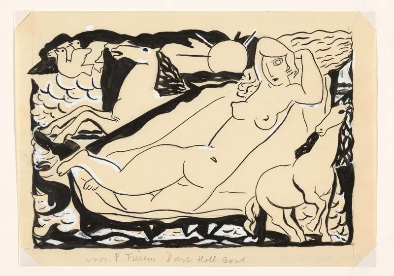 Venus Vignet voor boek 'L'art Hollandais contemporain' van Paul Fierens; liggend naakt met daarbij afgebeeld twee paarden en twee duiven Wall Art by Leo Gestel - High-Resolution Digital Print