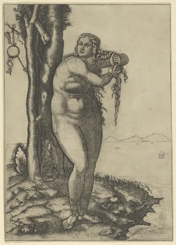 Venus wringing the water from her hair, standing at the water's edge