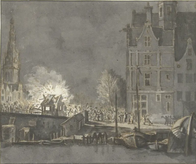 Verbranden der douanehuisjes bij de Nieuwebrug te Amsterdam Wall Art by Gerrit Lamberts - High-Resolution Digital Print