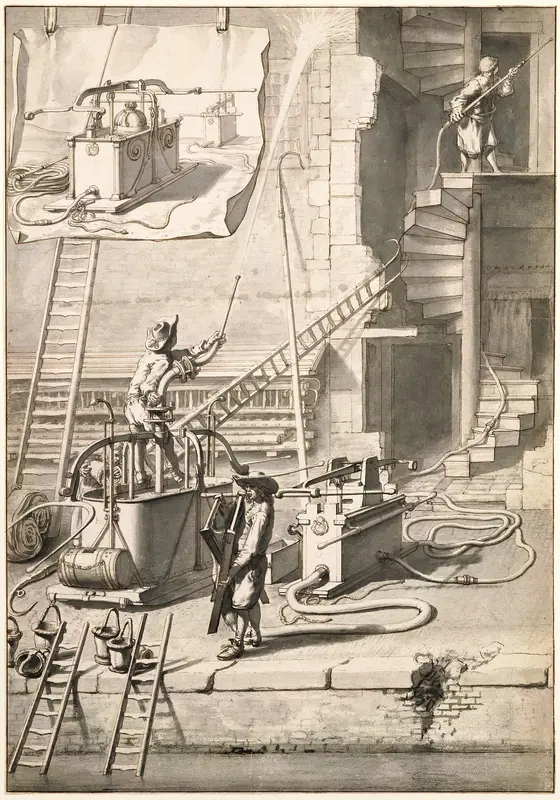 Vergelijking van de oude brandspuiten met Van der Heydens slangenbrandspuit Wall Art by Jan van der Heyden - High-Resolution Digital Print