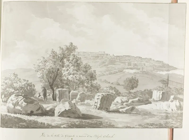 Vergezicht met Agrigento en resten van enorme tempel Wall Art by Louis Ducros - High-Resolution Digital Print
