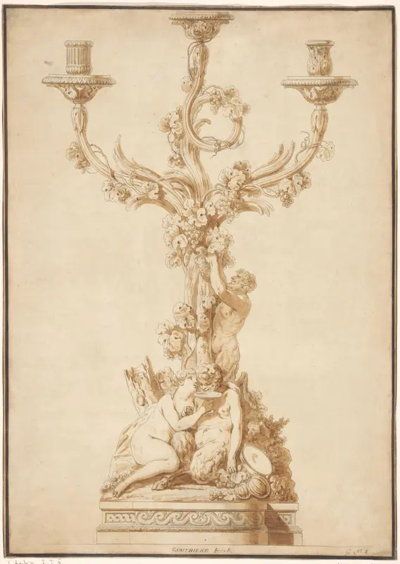 Verguld bronzen kandelaber met twee satyrs en een nymf, met varianten in de kaarsenhouders Wall Art by Jean Jacques François Le Barbier - High-Resolution Digital Print