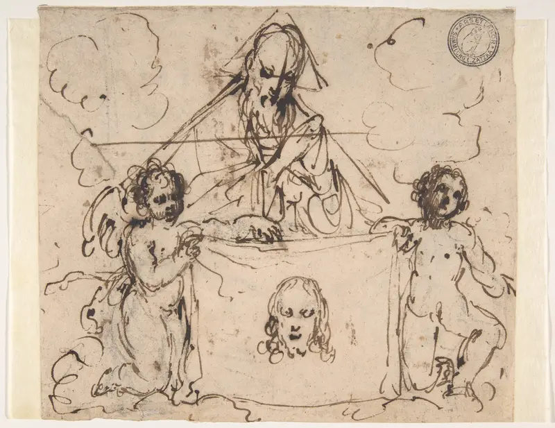 Veronica's Veil Held by Two Angels and God the Father(?) Wall Art by Anonymous, Italian, Bolognese, 17th century - High-Resolution Digital Print