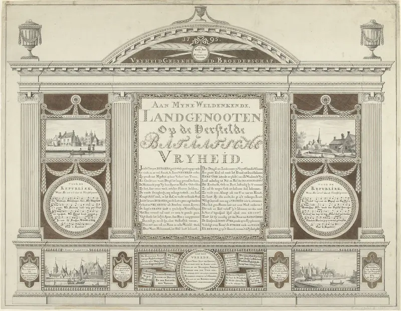 Vers in ornamentale omlijsting met liederen en dorpsgezichten ter ere van de Omwenteling in 1795 Wall Art by anonymous - High-Resolution Digital Print