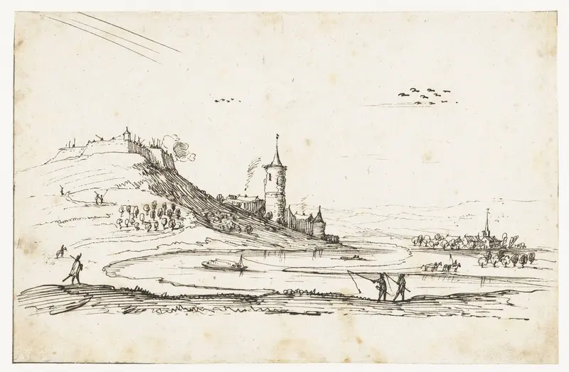 Vesting op een berg, met een dorp op de achtergrond Wall Art by Albert Flamen - High-Resolution Digital Print
