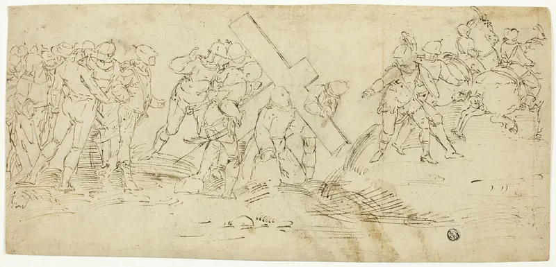Via Crucis; Christ Falling Beneath the Cross (recto) Sketch of Male Nude (verso) Wall Art by Follower of Luca Cambiaso - High-Resolution Digital Print