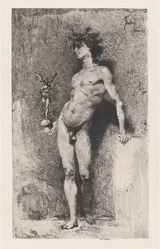 Victory: a naked youth standing facing left holding a statue of winged Victory in his right hand Wall Art by Mariano Fortuny, 1838–1874 - High-Resolution Digital Print