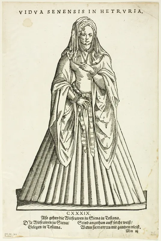 Vidua Senensis in Hetruria (Widow of Siena in Tuscany) from H. Weigel's Trachtenbuch, plate 51 from Woodcuts from Books of the XVI Century Wall Art by Jost Amman - High-Resolution Digital Print