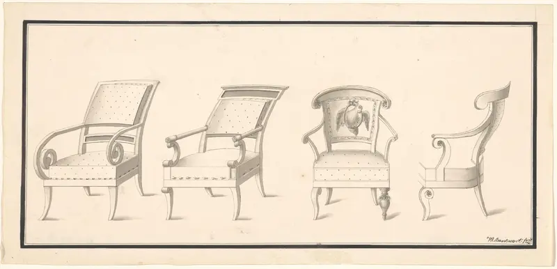 Vier armstoelen met beklede rug en zitting Wall Art by Unknown - High-Resolution Digital Print
