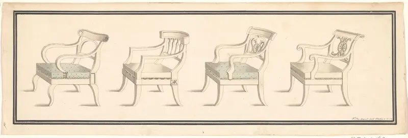 Vier armstoelen met beklede zittingen, van links gezien Wall Art by Unknown - High-Resolution Digital Print