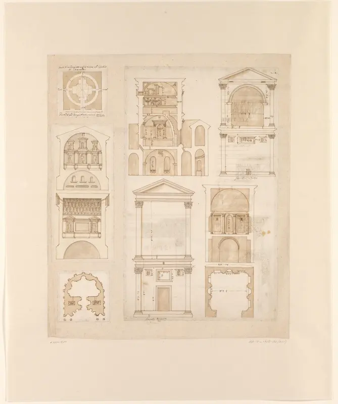 Vier bladen met architectuurtekeningen naar grafmonumenten Wall Art by anonymous - High-Resolution Digital Print