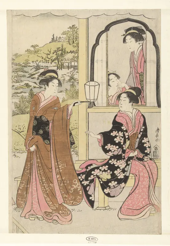 Vier hofdames luisterend naar het fluitspel van Yoshitsune Wall Art by Unknown - High-Resolution Digital Print