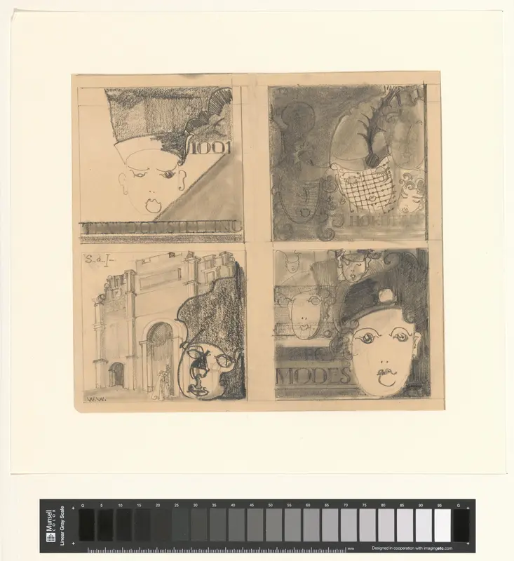Vier hoofden met hoofddeksel voor een etalage en voor een gebouw. Wall Art by Unknown - High-Resolution Digital Print