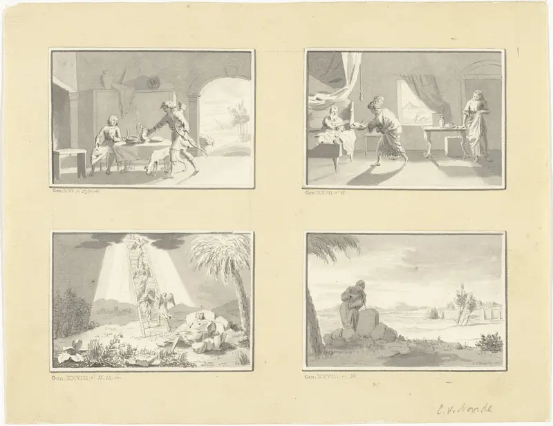 Vier illustraties uit het verhaal van Izaäk, Jakob en Ezau Wall Art by Cornelis van Noorde - High-Resolution Digital Print