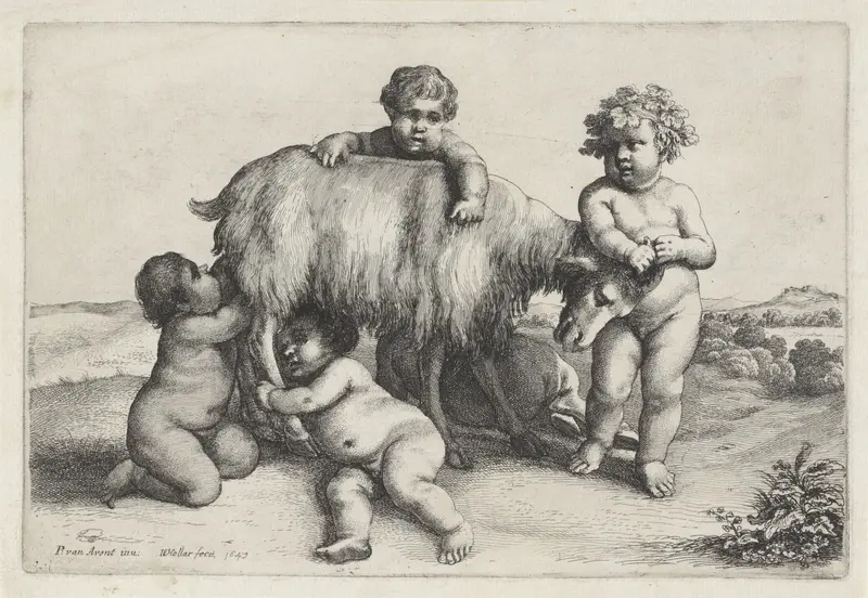 Vier jongetjes, een sater en een geit staand naar rechts Wall Art by Unknown - High-Resolution Digital Print