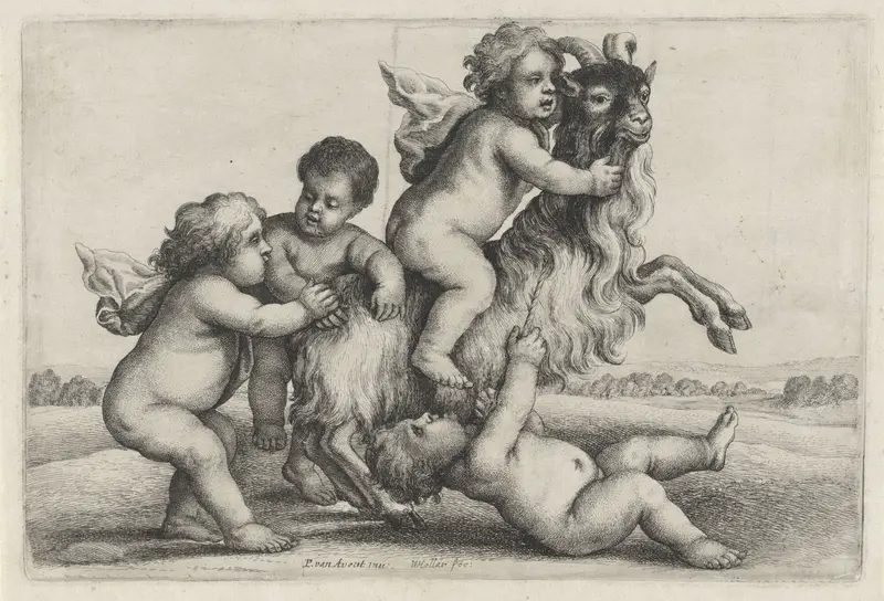 Vier jongetjes met een steigerende geit Wall Art by Unknown - High-Resolution Digital Print