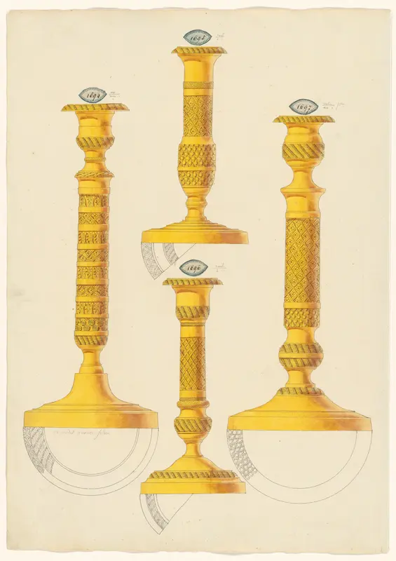 Vier kandelaars, met onder elke kandelaar een gedeeltelijk bovenaanzicht van de voet Wall Art by unknown - High-Resolution Digital Print