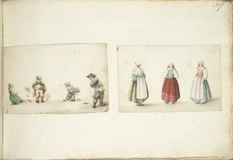 Vier kinderen die hun behoefte doen en drie staande vrouwen Wall Art by Gesina ter Borch - High-Resolution Digital Print