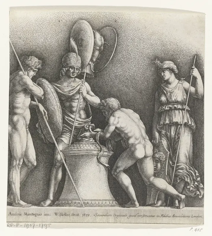 Vier klassieke figuren rond een offerzuil Wall Art by Unknown - High-Resolution Digital Print