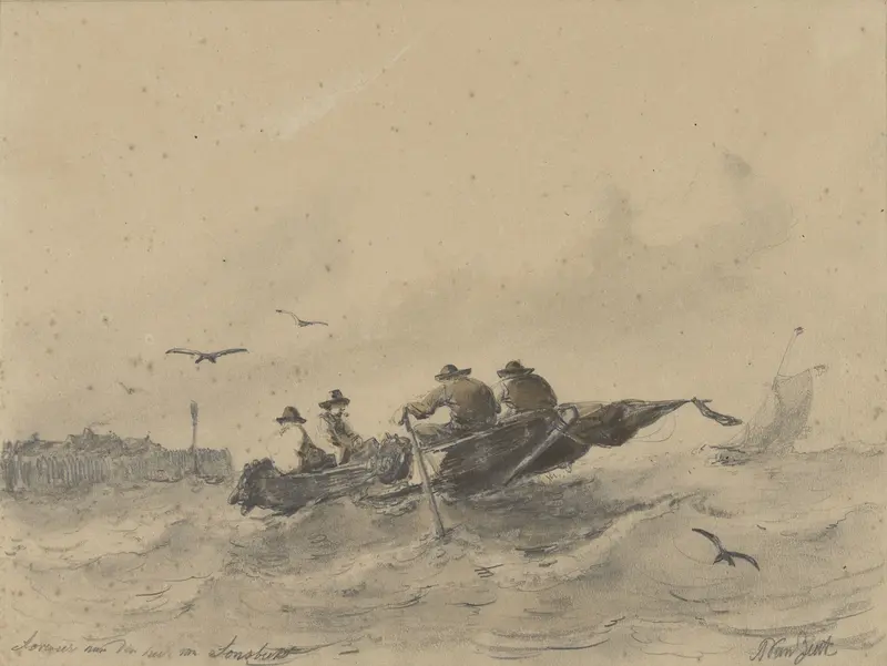 Vier mannen in een roeiboot Wall Art by Albertus van Beest - High-Resolution Digital Print
