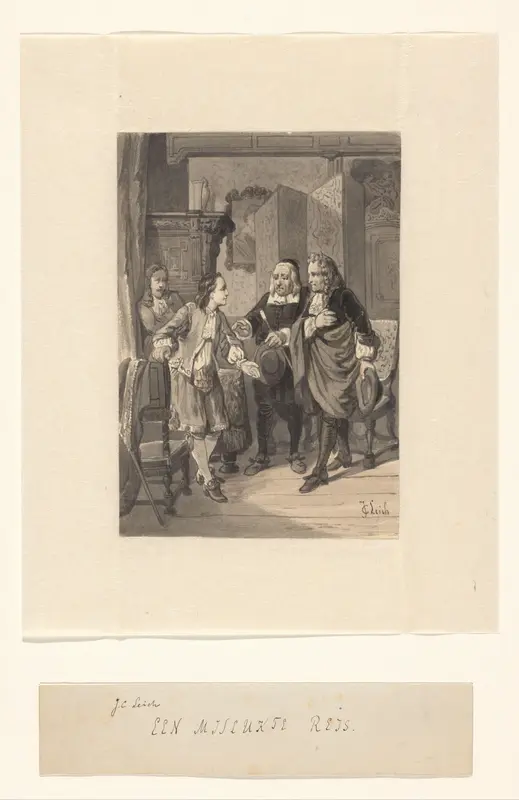 Vier mannen in zeventiende-eeuwse kleding in een interieur Wall Art by Unknown - High-Resolution Digital Print