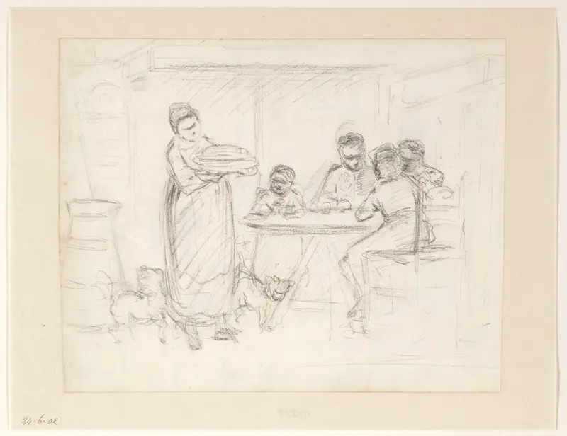Vier personen rond een tafel en een vrouw met eten Wall Art by Hendrik Valkenburg - High-Resolution Digital Print