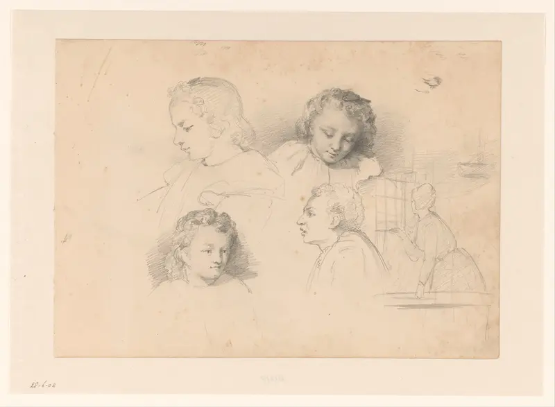 Vier portretstudies van een meisje en een vrouw aan het raam Wall Art by Hendrik Valkenburg - High-Resolution Digital Print