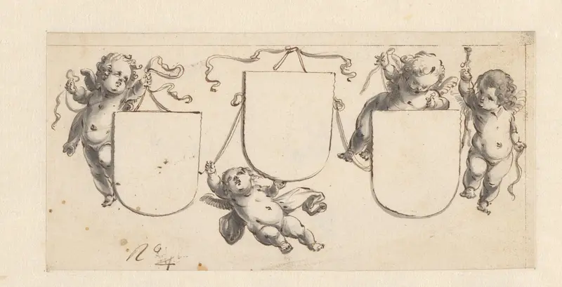 Vier putti met drie wapenschilden Wall Art by Pieter Jansz - High-Resolution Digital Print