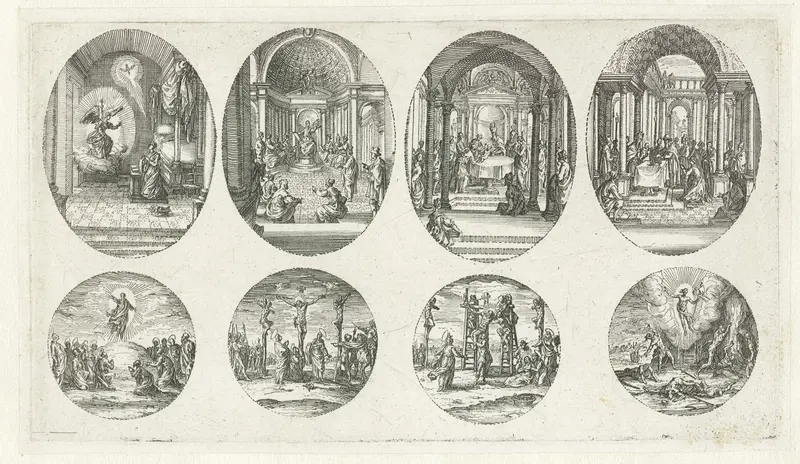 Vier scènes uit het leven van Maria en vier Passiescènes: Annunciatie, De twaalfjarige Christus in de tempel, Besnijdenis van Christus, Presentatie van Christus in de tempel, Hemelvaart, Kruisiging, Kruisafneming, Opstanding Wall Art by Jacques Callot - High-Resolution Digital Print