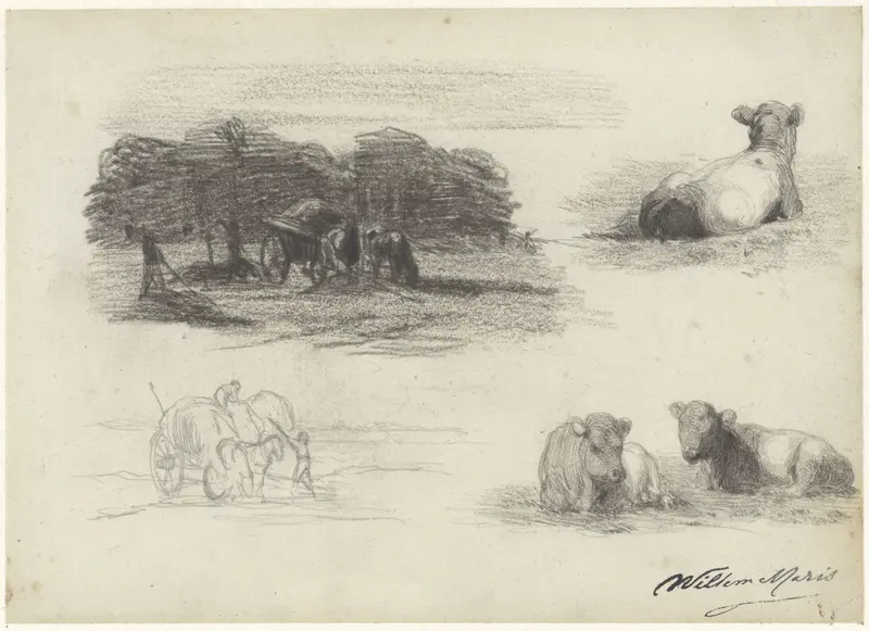 Vier schetsen van hooiwagens en koeien Wall Art by Willem Maris - High-Resolution Digital Print