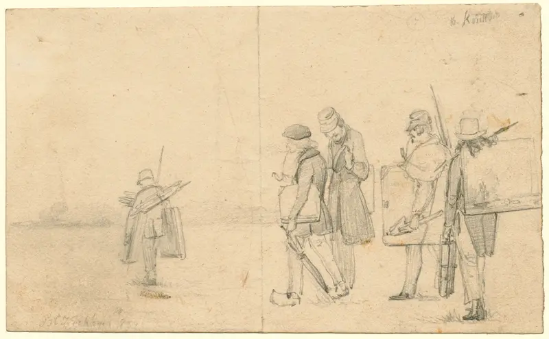 Vier schilders (de gebroeders Koekkoek?) begeven zich in het landschap Wall Art by Barend Cornelis Koekkoek - High-Resolution Digital Print