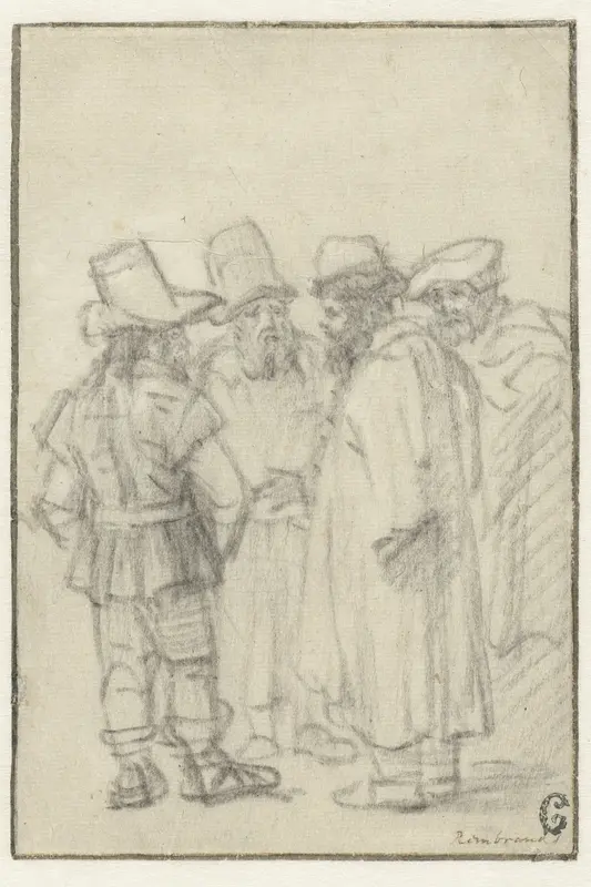 Vier staande mannen met hoeden Wall Art by Rembrandt van Rijn - High-Resolution Digital Print