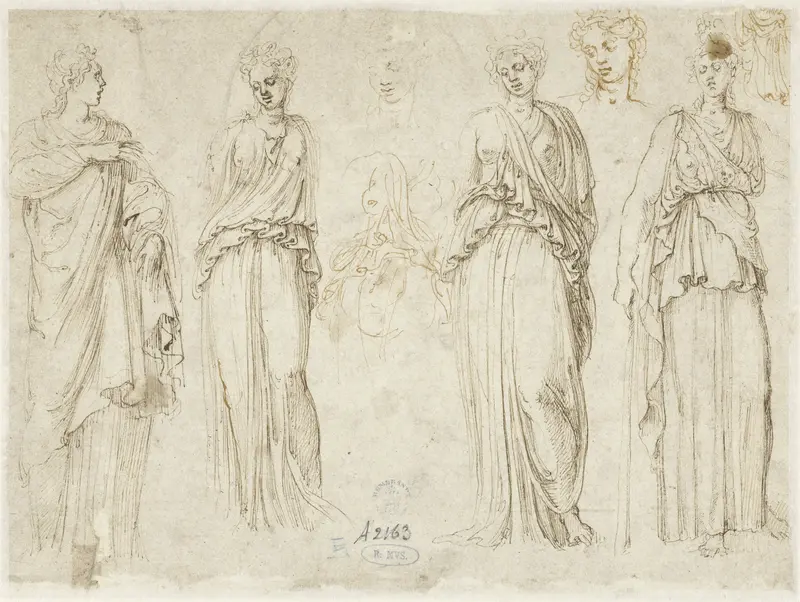 Vier vrouwenfiguren Wall Art by Girolamo da Carpi - High-Resolution Digital Print