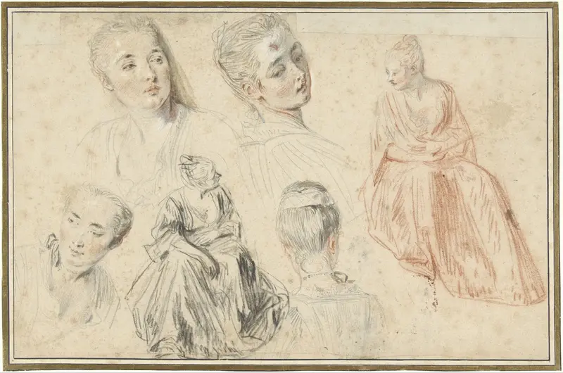 Vier vrouwenhoofden en twee zittende vrouwen Wall Art by Jean Antoine Watteau - High-Resolution Digital Print