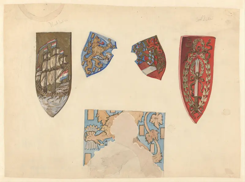 Vier wapenschilden en een deel van het wapen van het Koninkrijk der Nederlanden Wall Art by Nicolaas van der Waay - High-Resolution Digital Print