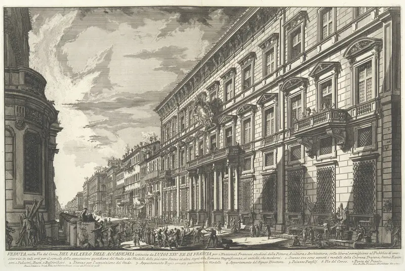 View along the Via del Corso of the Palazzo dell'Accademia, established by Louis XIV, King of France for French students of Painting, Sculpture and Architecture..., from "Vedute di Roma" (Views of Rome), part I