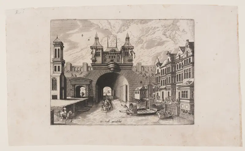 View from a canal of the gate bridge with shutters of a fortified town, street façade on the right Wall Art by Johannes van Doetecum - High-Resolution Digital Print